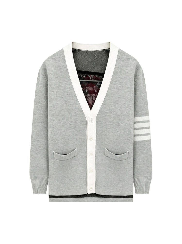 Intarsia Knit Cardigan — Unisex Four-Stripe Badge Sweater | Thom Browne