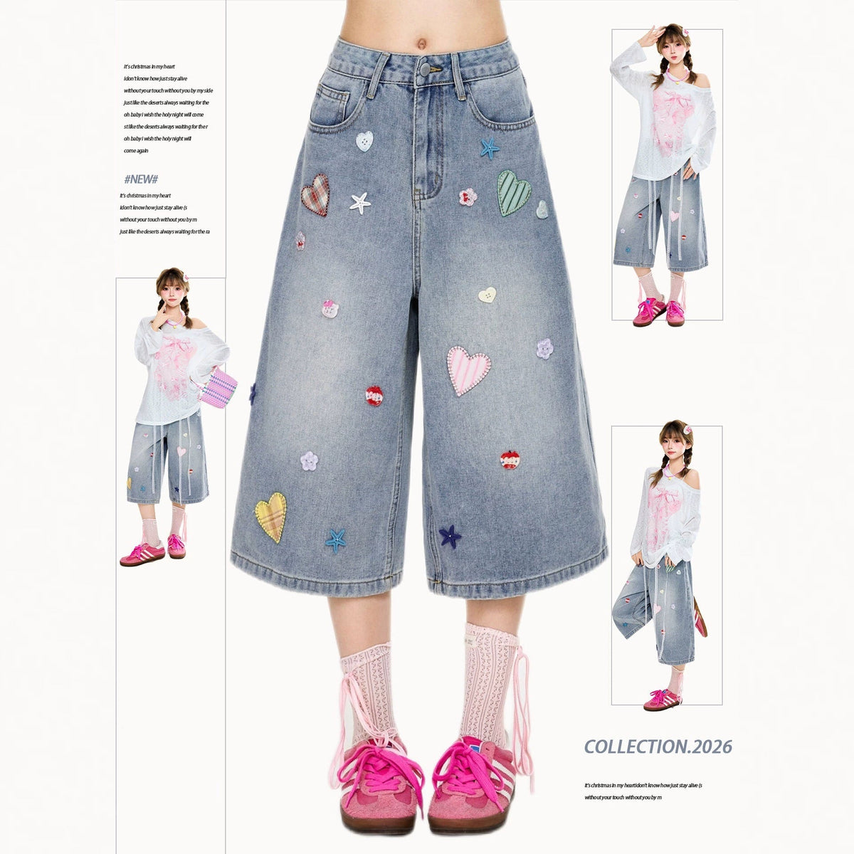 Heart Star Patch Capri Denim Shorts Loose Wide Leg Baggy Cropped Jeans