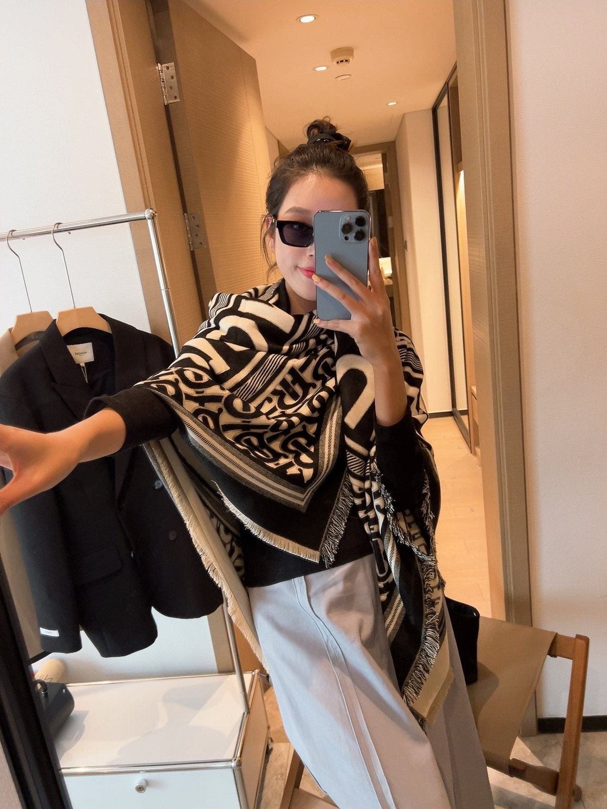Burberry Black & Ivory Logo Square Scarf