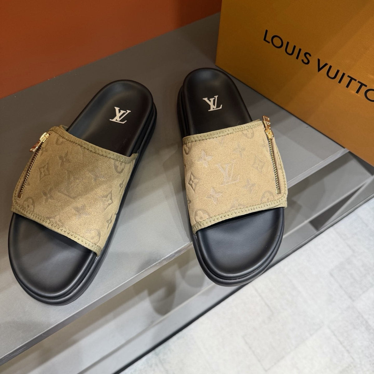 Louis Vuitton Beige and Black Slide Sandals