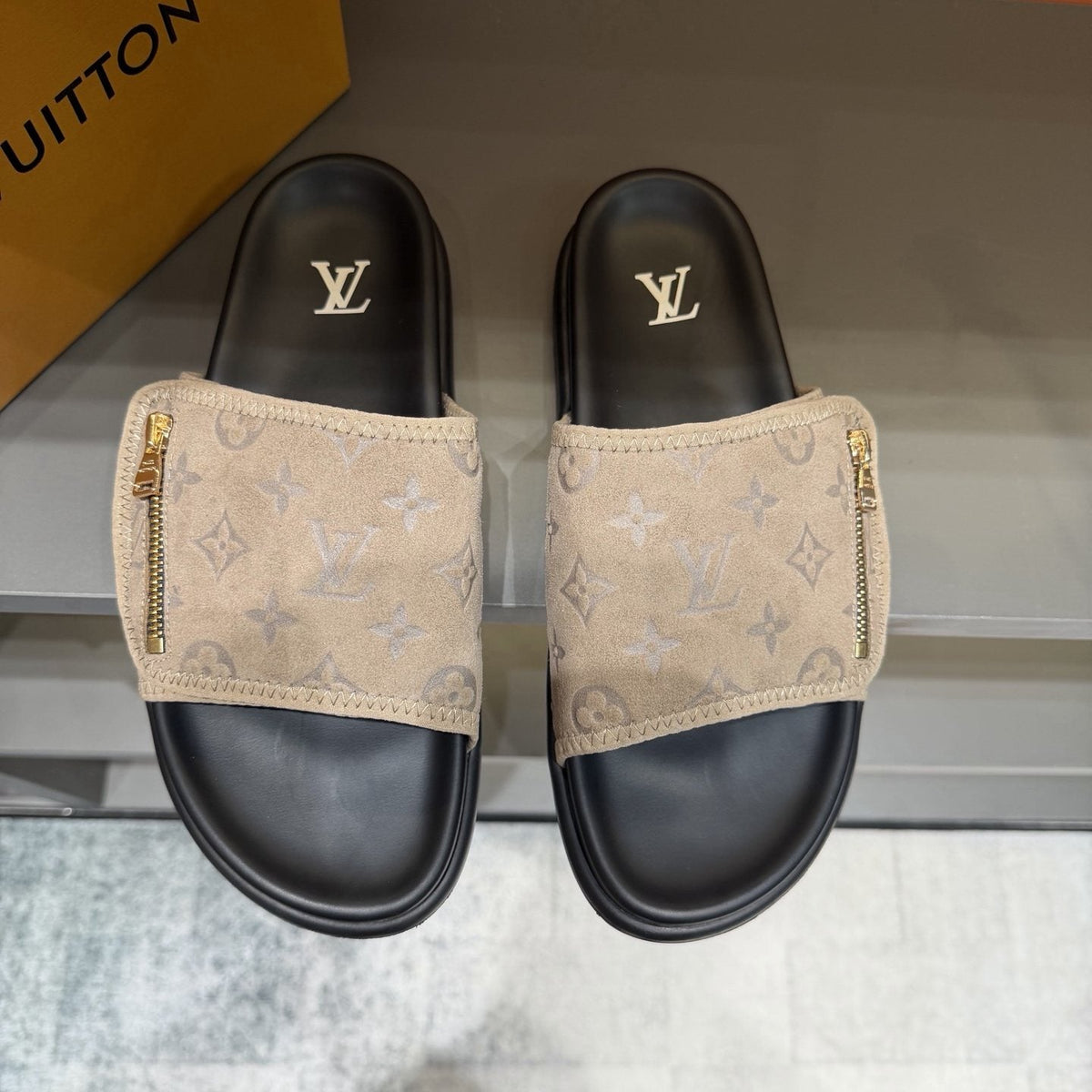 Louis Vuitton Beige and Black Slide Sandals